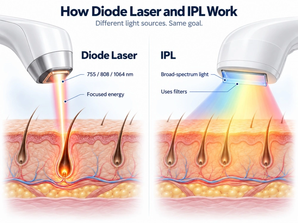 Comparação entre depilação a laser de diodo e luz pulsada intensa (IPL), mostrando a energia focalizada do laser em 755, 808 e 1064 nm versus a luz pulsada intensa de amplo espectro.